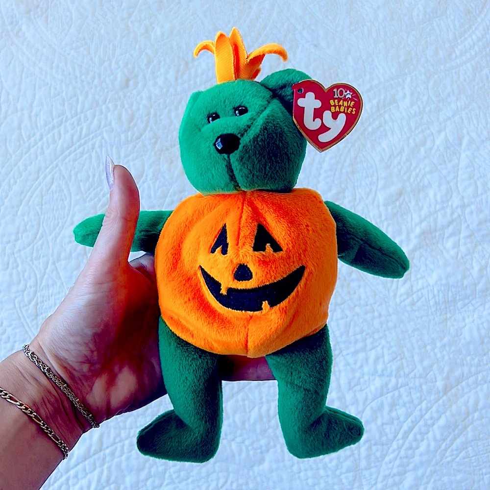 GIFTED TY Tricky Halloween Bear Beanie Babies Baby Jack-o-lantern Pumpkin Green - Picture 1 of 8
